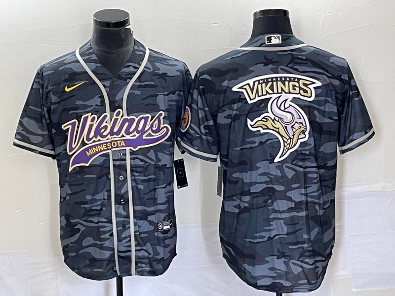 Men's Grey Minnesota Vikings Camo Team Big Logo Cool Base Stitched Baseball Jersey